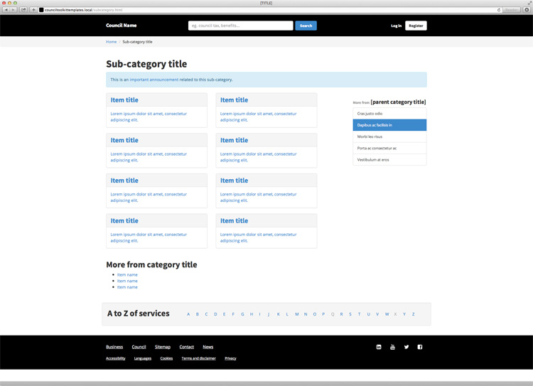 Screenshot of the subcategory template