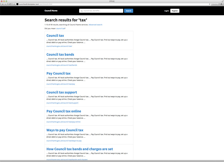 Screenshot of the search results template